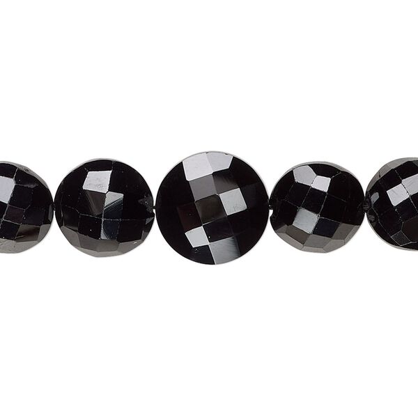 Black spinel 1pkg1, hand-cut faceted puffed flat round bead natural 4 inch graduated 8-12mm image number 0