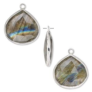 Drop, labradorite (natural) and sterling silver, 20mm double-sided faceted teardrop. Sold per pkg of 2.
