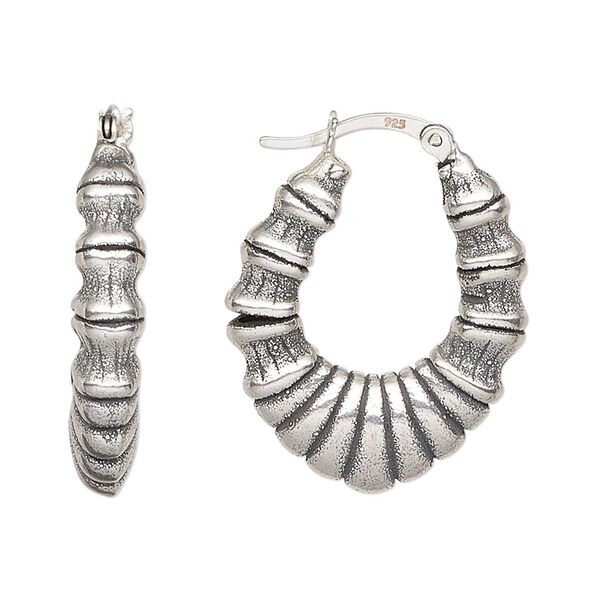 Earring, antiqued sterling silver, electroformed, 29mm oval hoop with latch-back closure. Sold per pair. image number 0