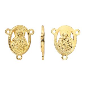 Connector, gold-finished "pewter" (zinc-based alloy), 16x12mm double-sided oval rosary with Sacred Heart of Jesus and Madonna with Christ Child. Sold per pkg of 10.