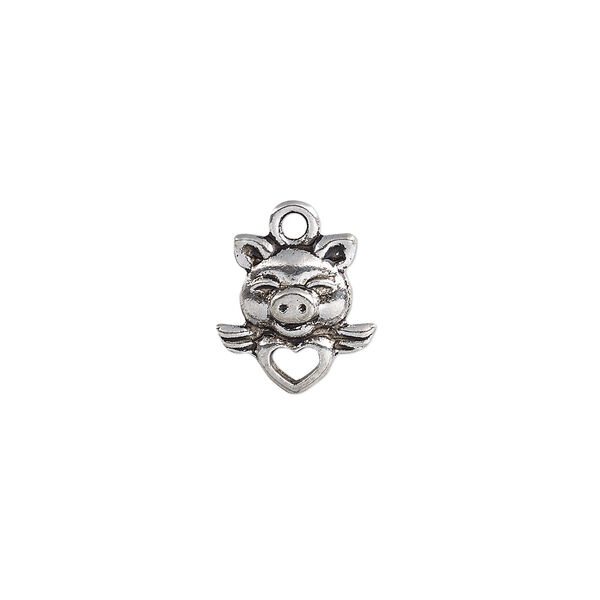 Charm, antique silver-plated "pewter" (zinc-based alloy), 13x12.5mm double-sided pig face with heart and wings. Sold per pkg of 20. image number 0