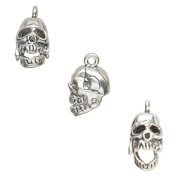 Charm, antiqued sterling silver, 12x8mm human skull with hinged jaw. Sold individually. image number 0