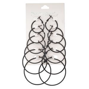 Earring, steel, black, 24-49mm round hoop with hinged closure. Sold per pkg of 6 pairs.