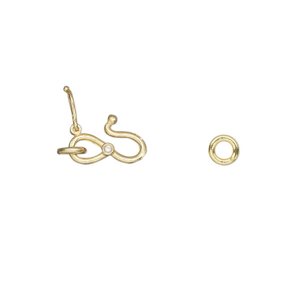 Clasp, S-hook, "vermeil" and cubic zirconia, clear, 11x7mm single-sided with safety latch and (2) 4.5mm closed jump rings. Sold individually. image number 0