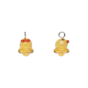 Drop, lampworked glass with silver-finished steel, red and gold, 9x8mm bell. Sold per pkg of 2.