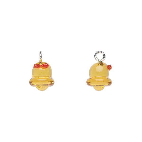 Drop, lampworked glass with silver-finished steel, red and gold, 9x8mm bell. Sold per pkg of 2. image number 0