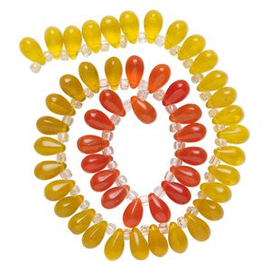 Bead, glass, transparent orange, light yellow and yellow, 11x7mm top-drilled teardrop with irregular rondelles. Sold per 14-inch strand.