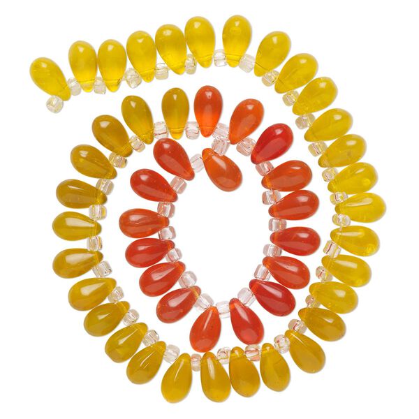 Bead, glass, transparent orange, light yellow and yellow, 11x7mm top-drilled teardrop with irregular rondelles. Sold per 14-inch strand. image number 0