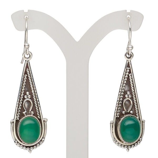 Earring, green onyx (dyed) and antiqued sterling silver, 49mm with fancy teardrop and fishhook ear wire, 21 gauge. Sold per pair. image number 0