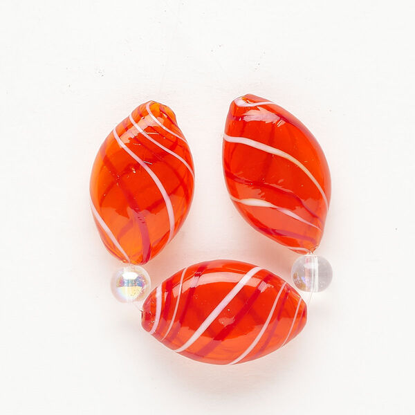Bead 1pkg3 handblown glass, 26x16mm-27x17mm puffed marquise / line design, translucent red-orange / white image number 0