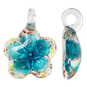 Pendant, lampworked glass, light blue and multicolored with flower and copper-colored foil, 45x34mm single-sided domed flower. Sold individually.