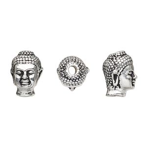 Bead, TierraCast®, antique silver-plated pewter (tin-based alloy), 13.5x9.5mm 3D Buddha head. Sold per pkg of 2.