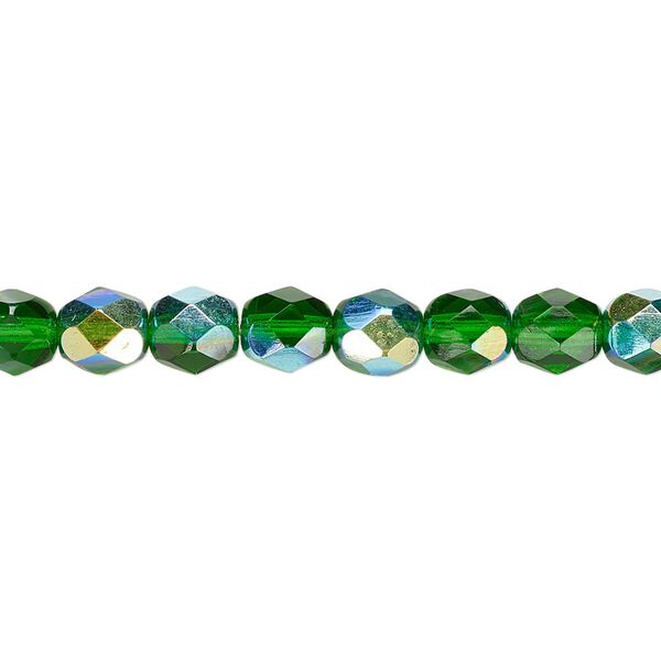 Bead, Czech fire-polished glass, translucent emerald green AB, 6mm faceted round. Sold per 15-1/2" to 16" strand. image number 0