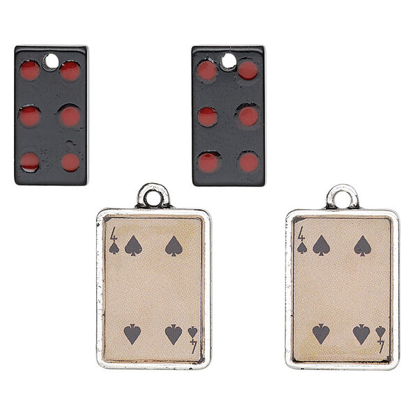 Charm, Charmed, resin / enamel / antique silver-finished "pewter" (zinc-based alloy), brown / black / red, 17.5x9mm single-sided domino with 6 dots and 20x14mm single-sided playing card with 4 of spades. Sold per 4-piece set. image number 0