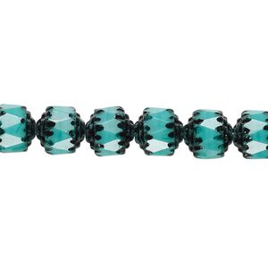 Bead, Czech glass, opaque turquoise blue and black, 8mm round cathedral. Sold per 15-1/2" to 16" strand.