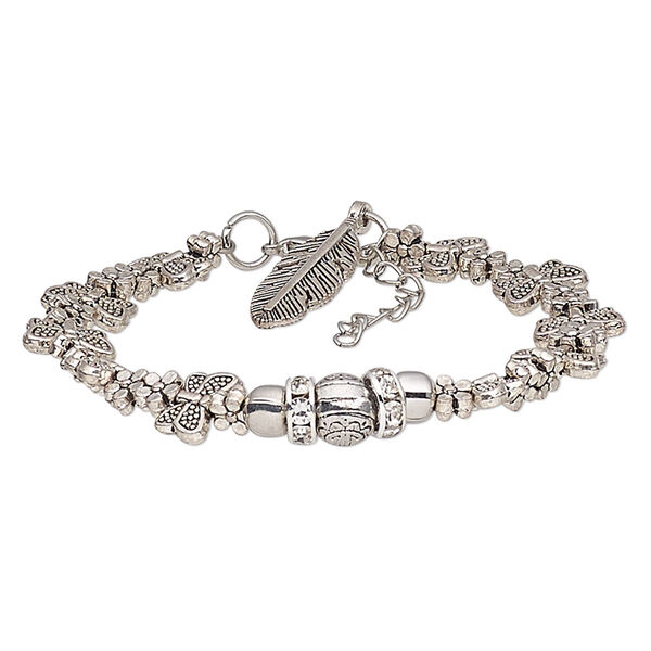 Bracelet, glass rhinestone / antique silver-coated acrylic / antique silver-plated steel / pewter (tin-based alloy), clear, 11mm wide with butterfly and flower design with feather dangle, 6-1/2 inches with 1-1/2 inch extender chain and lobster claw clasp. Sold individually. image number 0