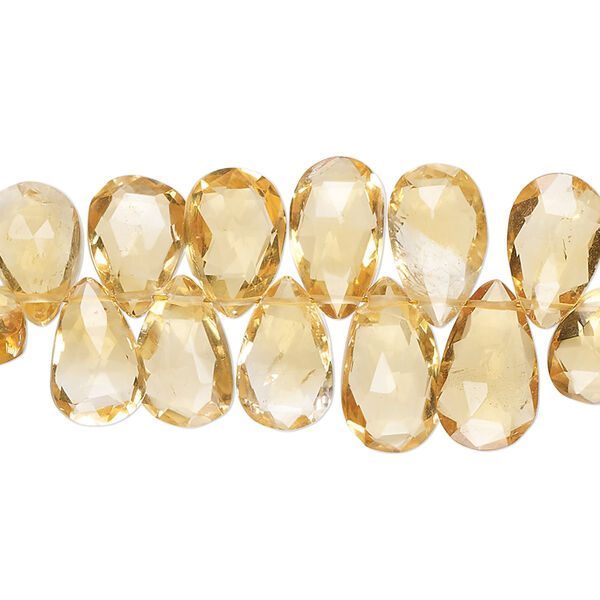 Bead, citrine (heated), light to medium, 9x7mm-12x8mm hand-cut top-drilled faceted puffed teardrop, B+ grade, Mohs hardness 7. Sold per 8-inch strand, approximately 55 beads. image number 0