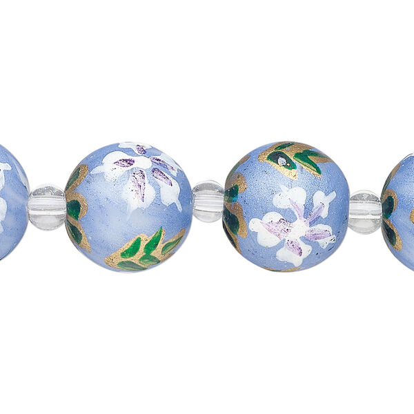 Bead, glass 1pkg8, multicolored, 14mm round with hand-painted flower. image number 0