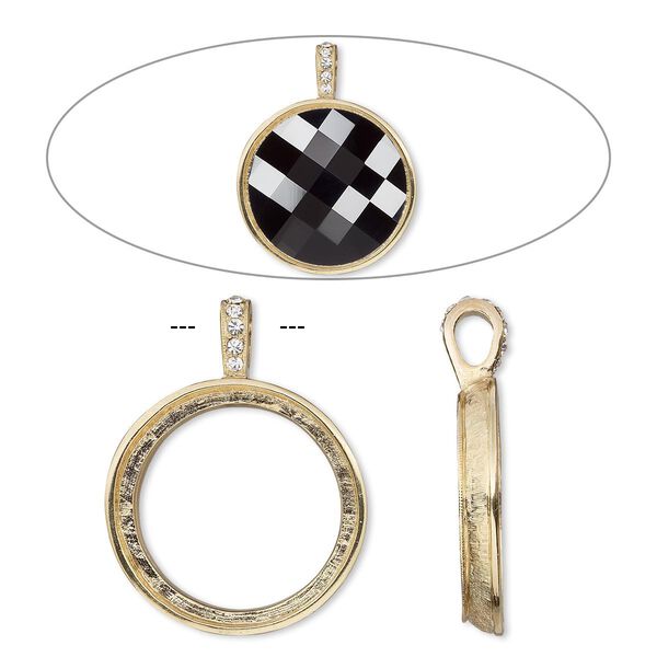 Pendant, Almost Instant Jewelry®, crystals and gold-finished "pewter" (zinc-based alloy), crystal clear, 44x34mm single-sided smooth round with 30mm round setting. Sold individually. image number 0