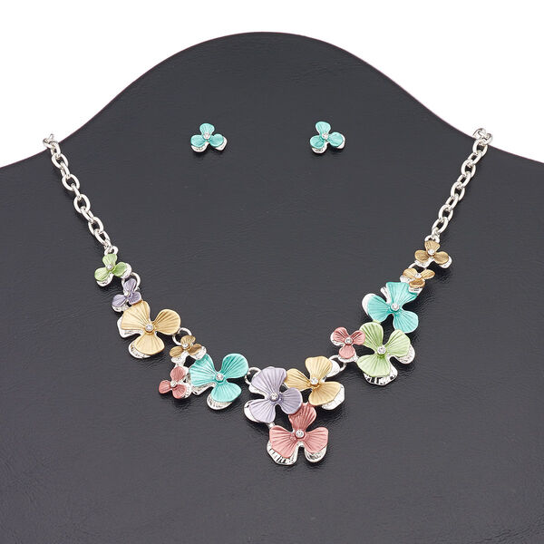 Necklace and earring set, enamel / Czech glass rhinestone / silver-finished steel / brass / "pewter" (zinc-based alloy), matte multicolored, flowers, 16 inches with 3-inch extender chain and lobster claw clasp, 11x11mm flower with post. Sold per set. image number 0