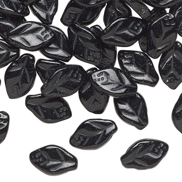 Bead, Czech pressed glass, opaque black, 12x8mm flat leaf. Sold per 1-ounce pkg, approximately 80 beads. image number 0