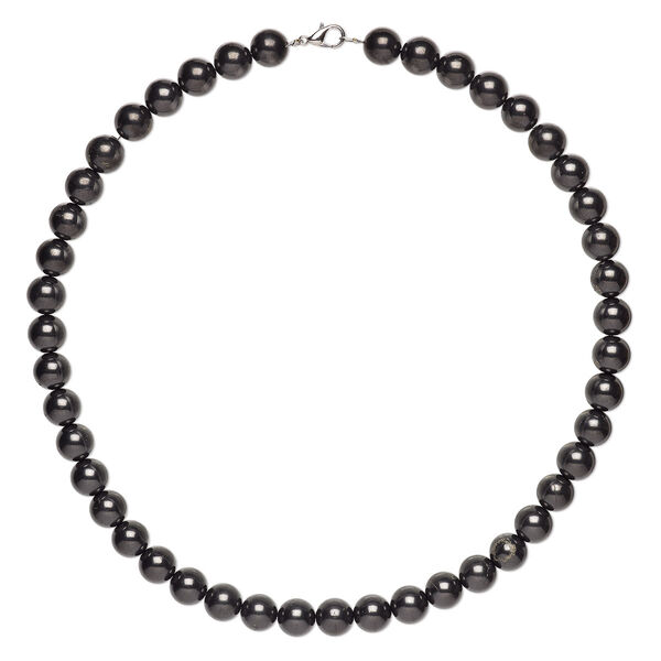 Necklace, shungite (natural) and imitation rhodium-plated brass, 10mm round, 18 inches with lobster claw clasp. Sold individually. image number 0