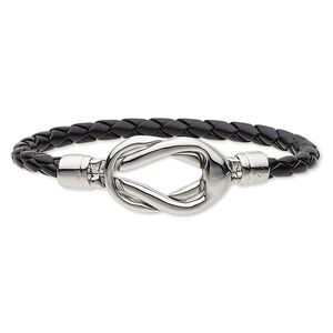 Bracelet, faux leather and imitation rhodium-plated "pewter" (zinc-based alloy), black, 5mm wide braided design, 6-1/2 inches with reef knot magnetic clasp. Sold individually.