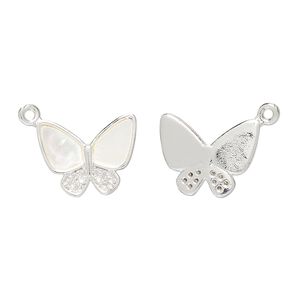 Charm 1pkg2 brass / mother-of-pearl shell / glass rhinestone, 15x12mm butterfly, bleached silver finish / white / clear