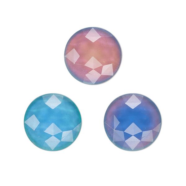 Cabochon, acrylic, multicolored, 14mm color-changing non-calibrated faceted round. Sold per pkg of 4. image number 0