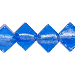 Bead, glass, translucent cobalt blue, 16x13mm flat diamond with silver-colored glitter. Sold per 8-inch strand, approximately 10 beads.