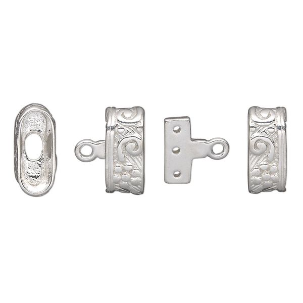 End bar, sterling silver, 13x6mm 3-strand double-sided fancy oval textured cap with 10x7mm inside bar, 11x3.5mm hole. Sold individually. image number 0