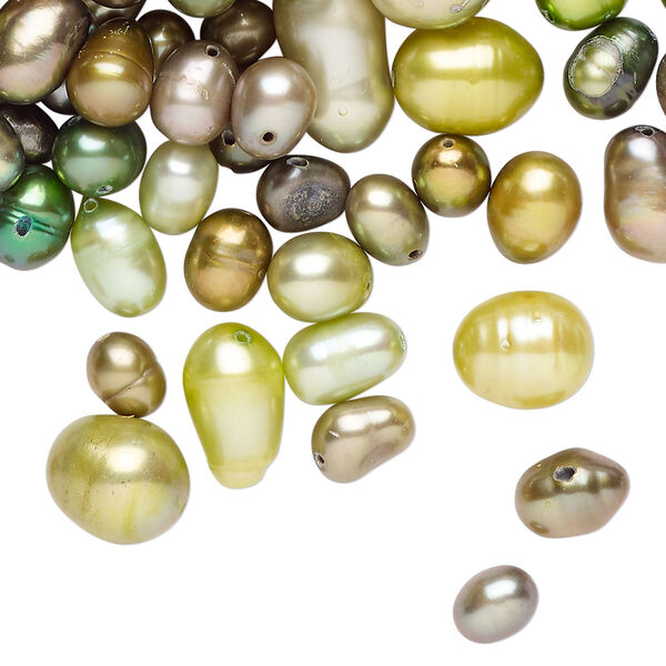 Freshwater pearl mix 1pkg1, top-drilled / center-drilled / herringbone-drilled rice / flat-sided rice, 2 ounce multi-green 3mm-14x12mm cultured image number 0