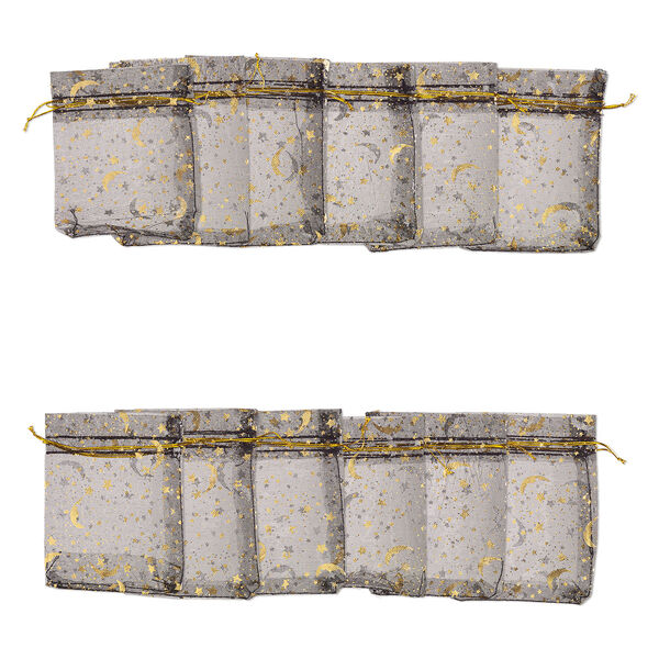 Pouch, organza, pkg/12, black/gold/silver, 4-1/2 x 3-1/2 inches with moon and star pattern and drawstring closure. image number 0