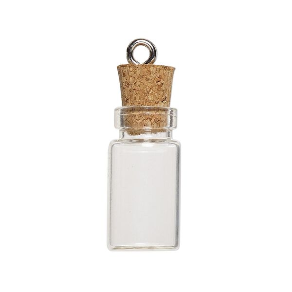 Component, glass / cork / nickel-finished steel, clear, 22x11mm bottle with stopper and screw eye. Sold per pkg of 100. image number 1