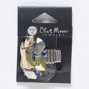 Ring, stretch, acrylic / silver- / gold-finished "pewter" (zinc-based alloy), blue, 34-35mm wide, adjustable from size 6 to 8. Sold individually.