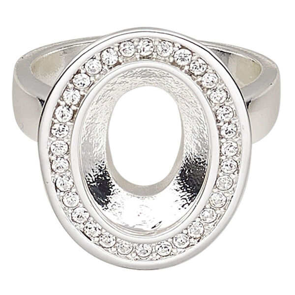 Ring, Almost Instant Jewelry®, crystals and silver-plated "pewter" (zinc-based alloy), crystal clear, 21x17mm oval with 14x10mm oval setting, size 8. Sold individually. image number 0