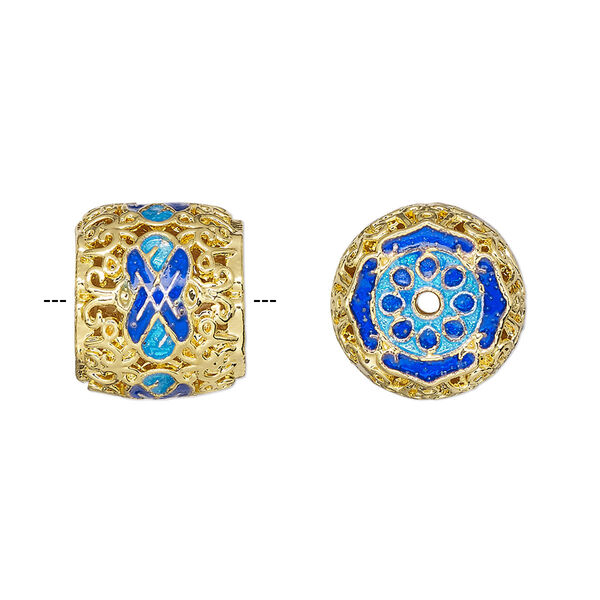 Bead, gold-finished brass and enamel, light blue and blue, 14x12mm fancy barrel with filigree. Sold individually. image number 0