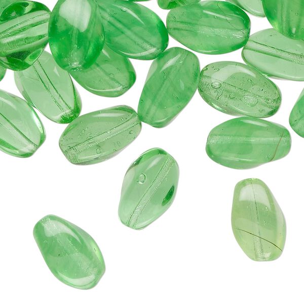 Bead, Czech pressed glass, translucent spring green, 13x9mm twisted 4-sided oval. Sold per 2-ounce pkg, approximately 60 beads. image number 0