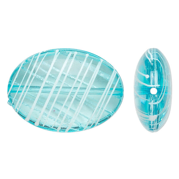 Bead, acrylic, semitransparent blue and white, 33x24mm puffed oval with painted line design. Sold per pkg of 18. image number 0