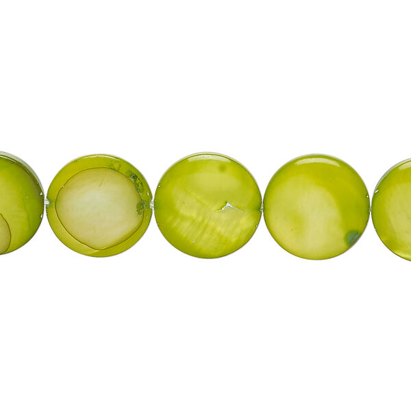Mother-of-pearl shell 1pkg1, puffed flat round bead 15 inch yellow-green 11-12mm image number 0