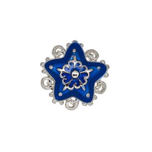 Charm, enamel and silver-plated "pewter" (zinc-based alloy), blue, 20x20mm single-sided star, 5 loops. Sold individually.