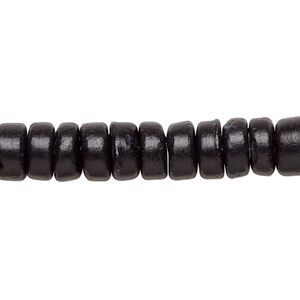 Bead, wood (dyed), black, 7x2mm-8x4.5mm hand-cut rondelle. Sold per pkg of (2) 15-1/2" to 16" strands.