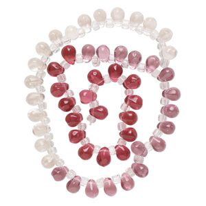 Bead, glass, transparent pale pink, light pink and dark pink, 8x6mm top-drilled teardrop with irregular rondelles. Sold per 14-inch strand.
