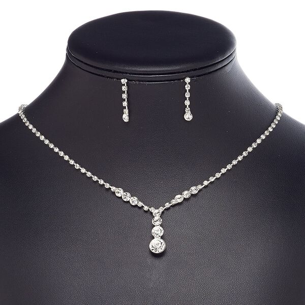 Necklace and earring set, glass rhinestone / plastic / imitation rhodium-plated brass / steel, clear, 1-inch dangle with cupchain and round, 15" to 16" necklace with 3-inch extender chain and lobster claw clasp, 24mm earrings with post. Sold per set. image number 0
