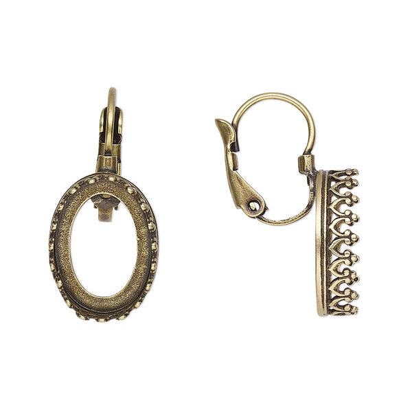 Ear wire, JBB Findings, antique brass-plated brass, 25mm leverback with open back and 14x10mm oval bezel setting. Sold per pair. image number 0