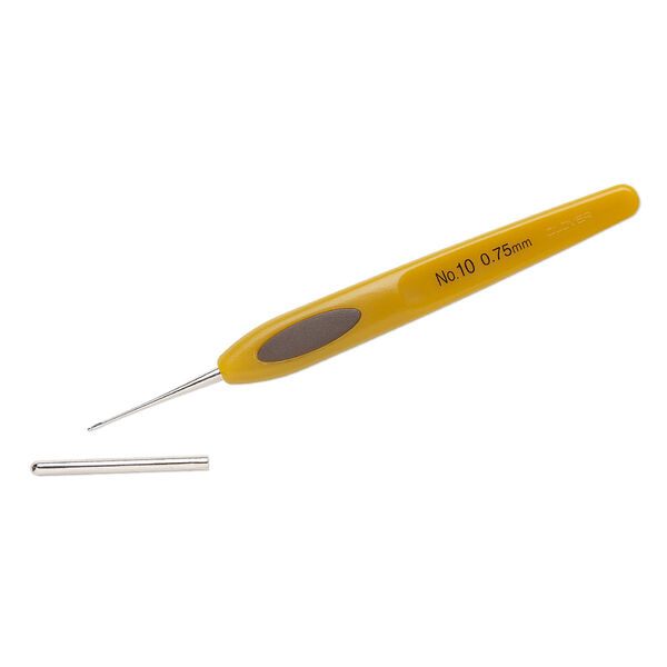 Crochet hook, Clover, steel and resin, 5-1/4 inches with #10/0.75mm hook, fits thread size 50-80 and dead-soft wire gauge 30-26. Sold individually. image number 0