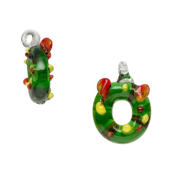 Drop, lampworked glass, opaque and translucent green / red / yellow, 14x12mm-20x19mm wreath. Sold per pkg of 2. image number 0
