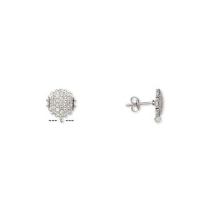 Earstud 1pkg2 sterling silver / white topaz (natural), 12x11mm beaded hexagon / open loop, 1 pair