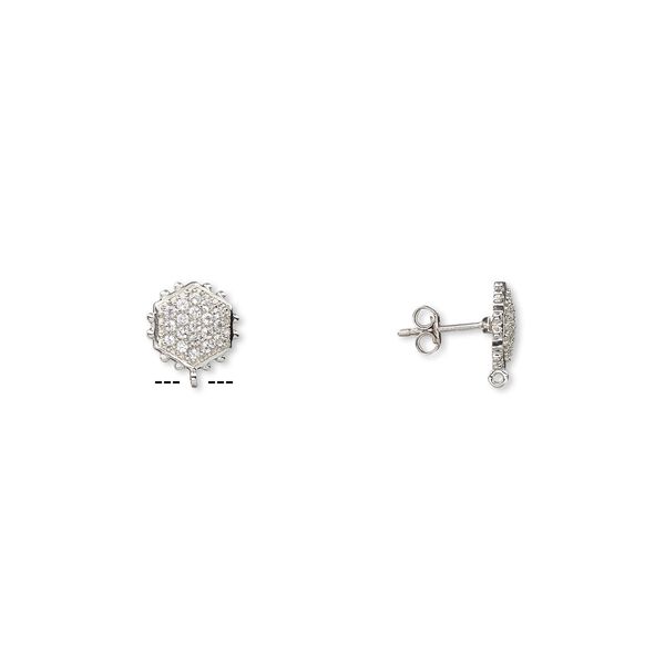 Earstud 1pkg2 sterling silver / white topaz (natural), 12x11mm beaded hexagon / open loop, 1 pair image number 0