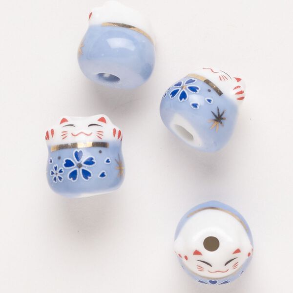 Bead, porcelain, light blue and multicolored, 14x13mm 3D kitty with 2-2.5mm hole. Sold per pkg of 4. image number 0